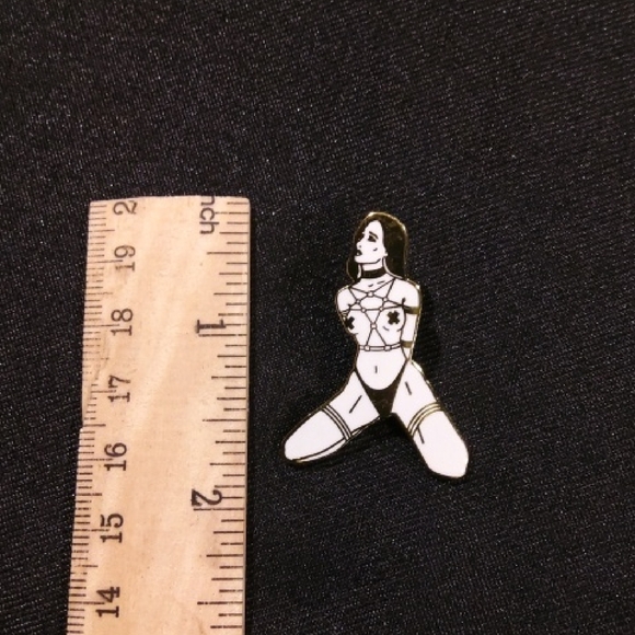 Strike Gently Bondage Kink Pin Up Elegant Gold and White Enamel Pin - Picture 2 of 3
